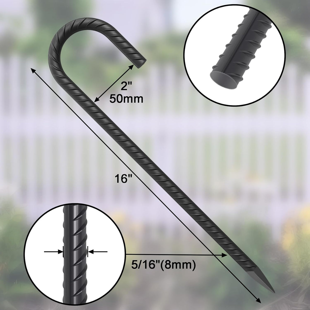 16 Inch Ground Rebar Stakes Heavy Duty J Hook Ground Anchors 40 Pack, Tent Stakes with Chisel Point