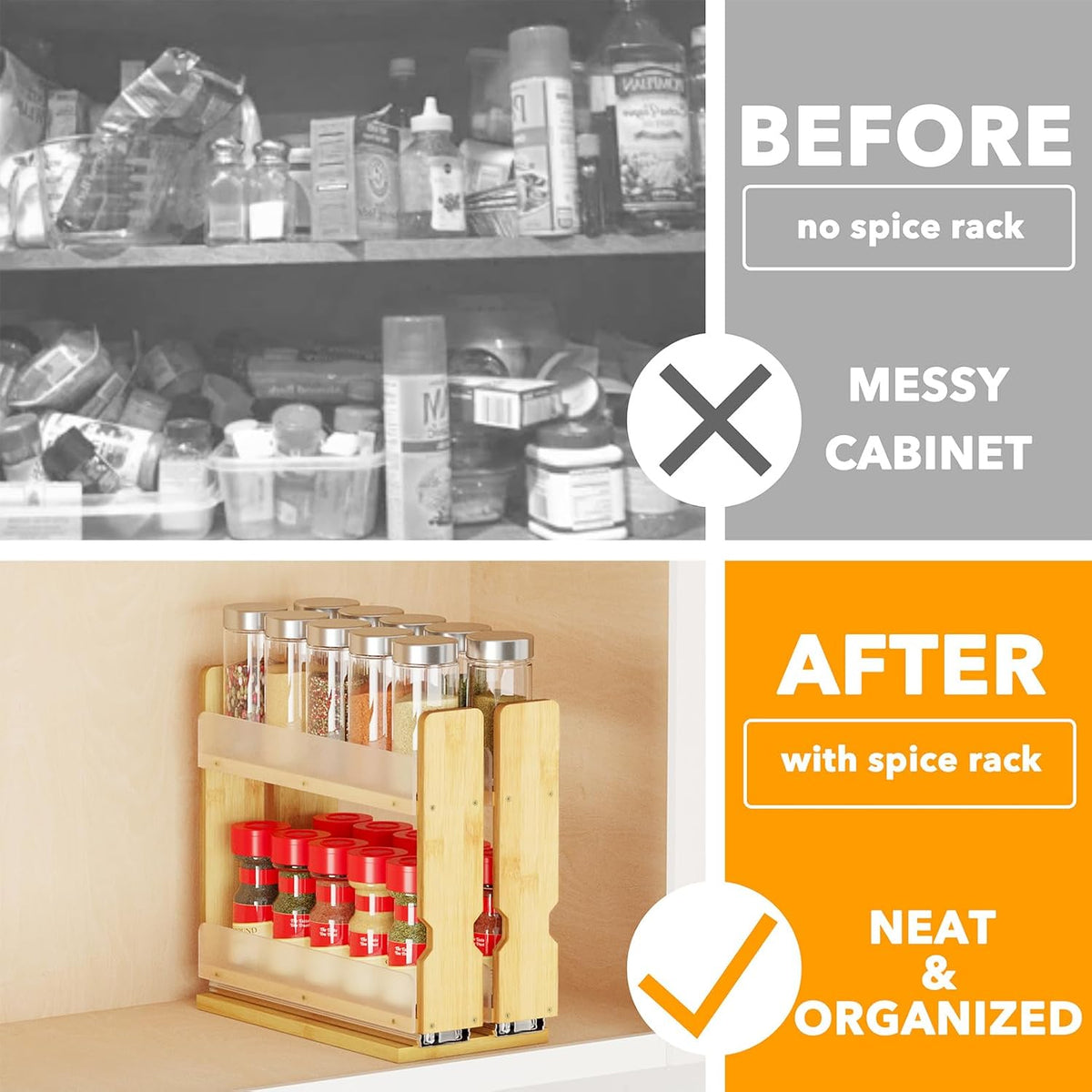 SpaceAid Bamboo Pull Out Spice Rack Organizer for Cabinet, Heavy Duty Slide Out Seasoning Kitchen