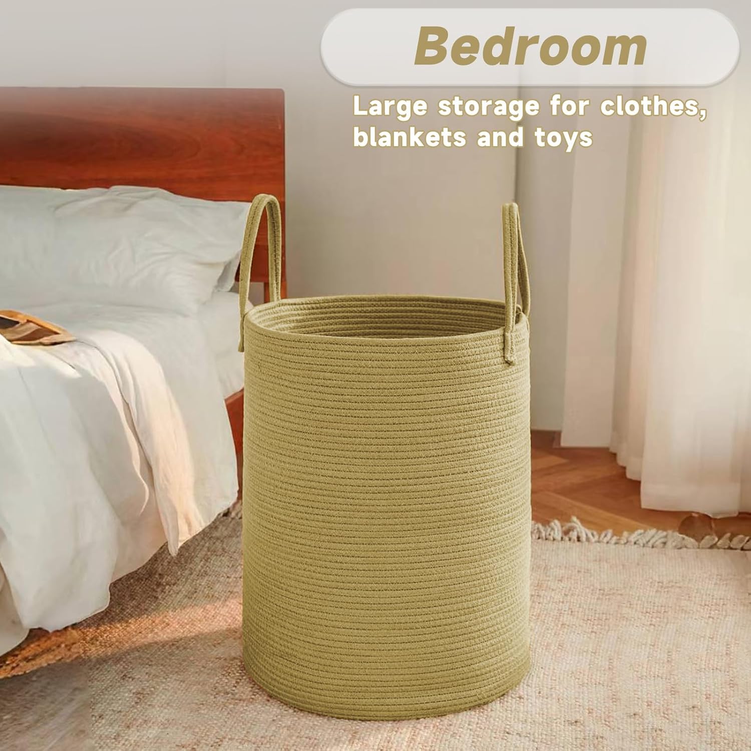 Large Woven Laundry Basket Hamper,60L Cotton Rope Storage Bin for Blankets,Toys and