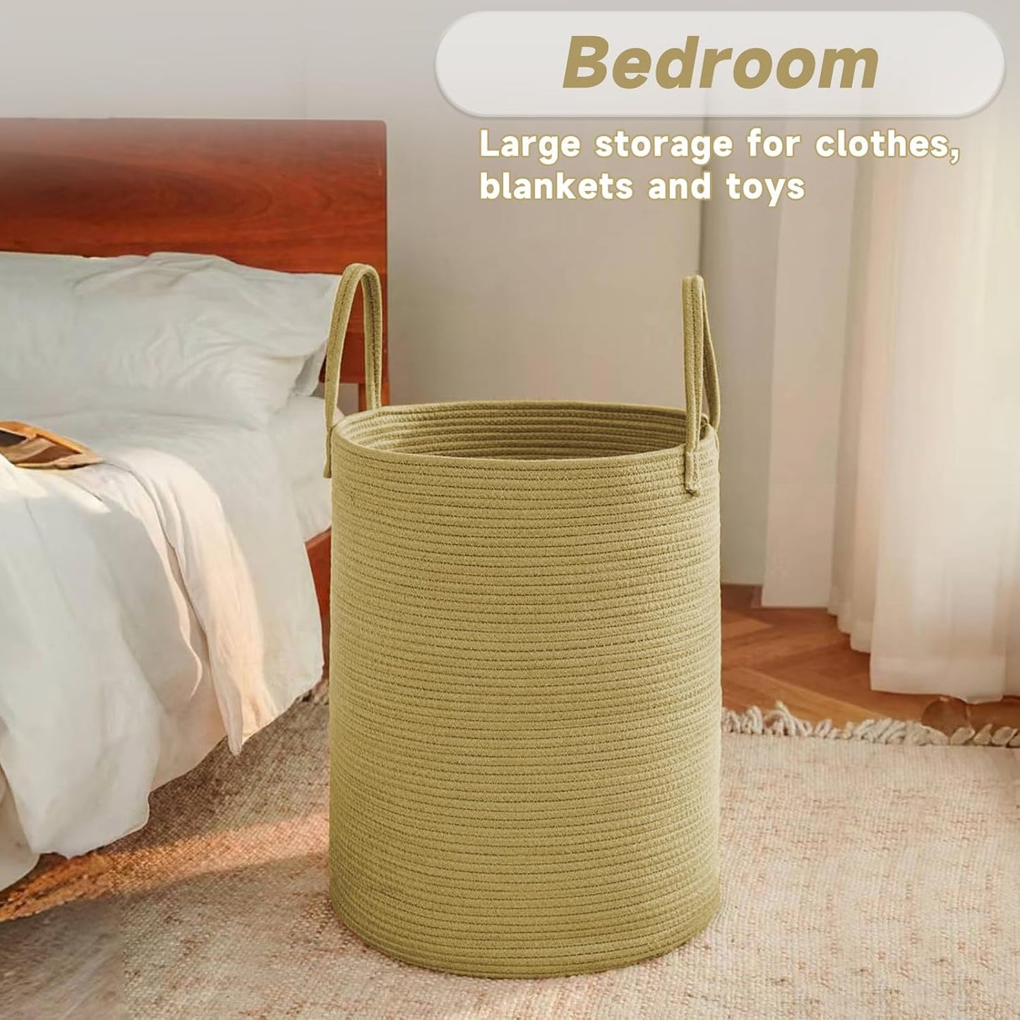 Large Woven Laundry Basket Hamper,100L Cotton Rope Storage Bin for Blankets,Toys and