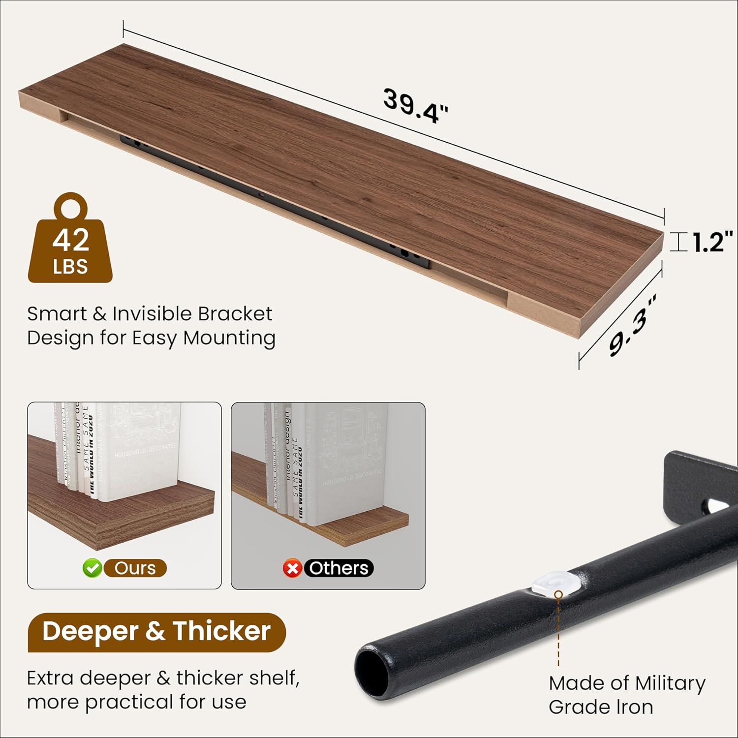 Fun Memories 40" Rustic Wood Floating Shelves with Invisible Brackets for Storage & Decor, Deep