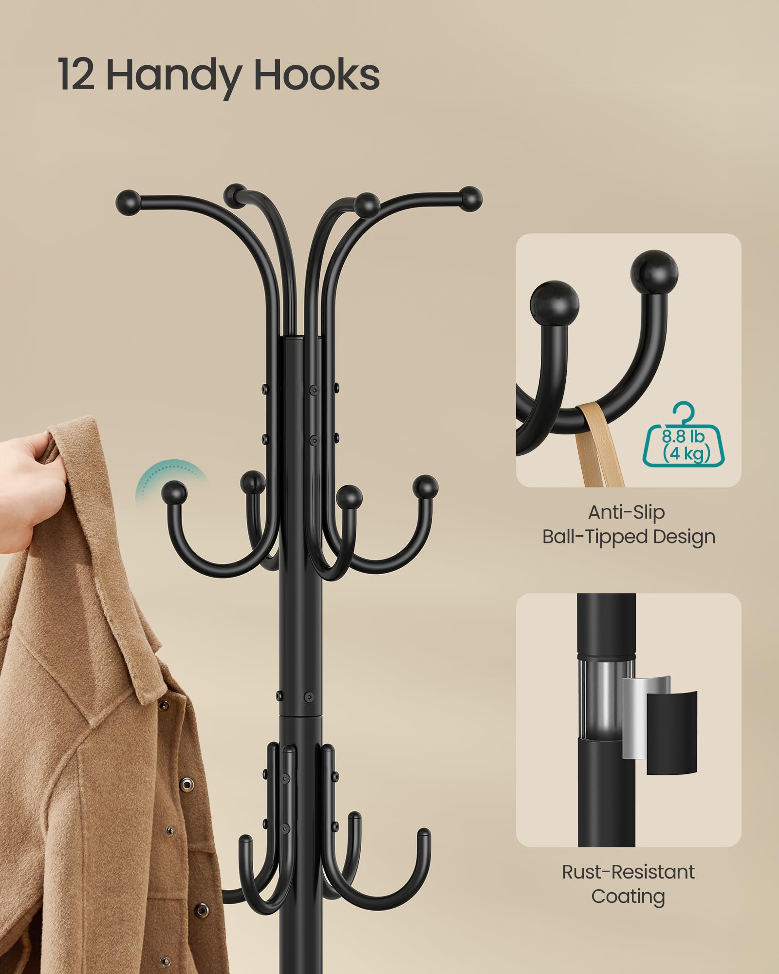 SONGMICS Coat Rack Freestanding Metal Coat Rack Stand with 12 Hooks