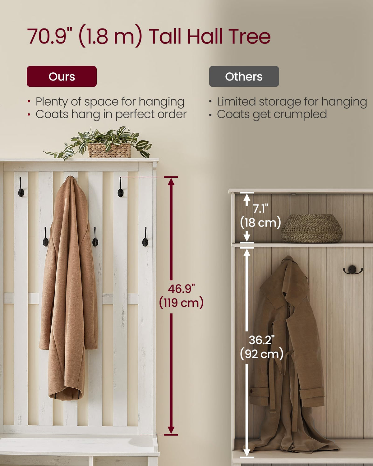 VASAGLE Hall Tree with Bench and Shoe Storage, 7 Double Hooks