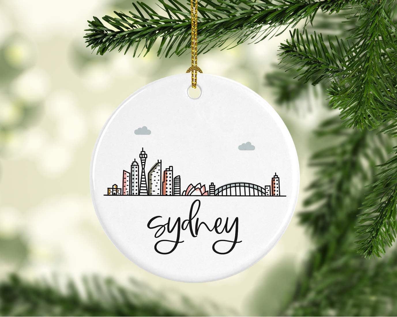 Andaz Press Round Ceramic Porcelain Christmas Tree Ornament Keepsake Gift, Sydney, Colorful
