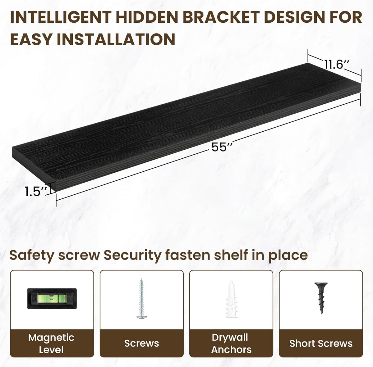 55 Inch Floating Shelves, 12 Inch Deep Floating Shelves for Wall, Floating Shelf with Invisible