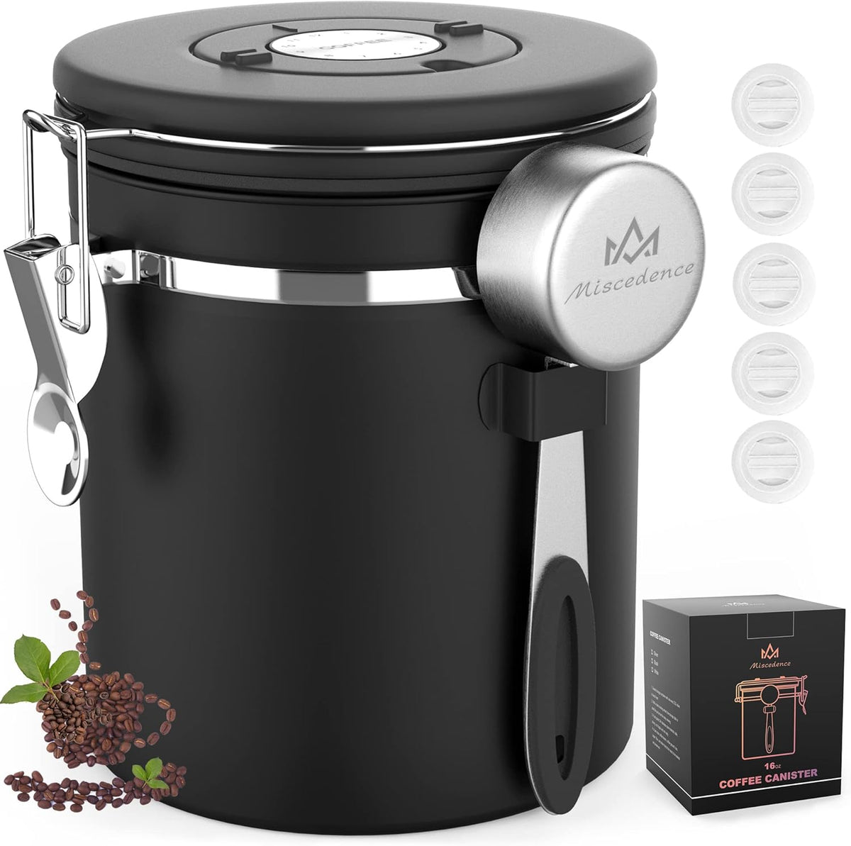 Coffee canister for ground coffee with Scoop Date Tracker One Way Co2 Valve 304 Stainless Steel