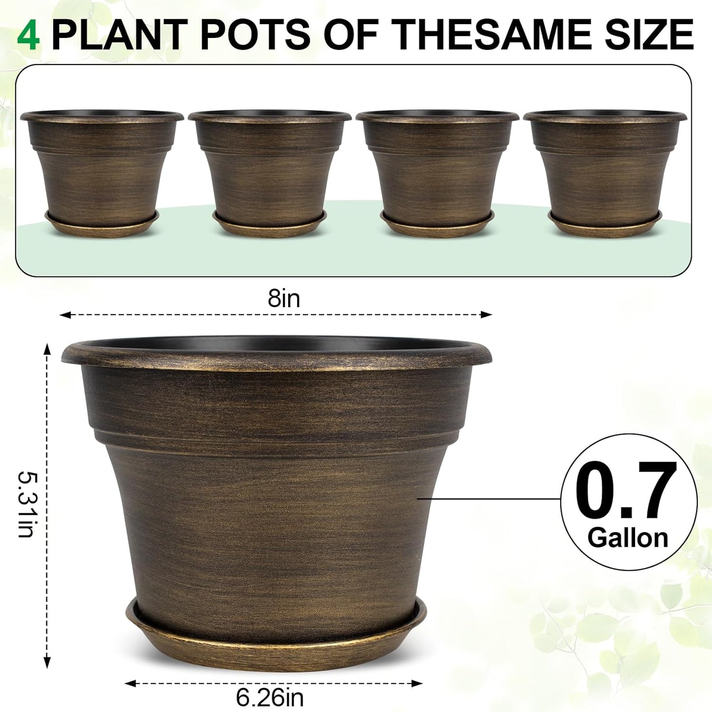 Plant Planters Pots Set of 4 Pack 8 Inch, Plastic Flower Pot for Indoor Plants with Drainage Holes