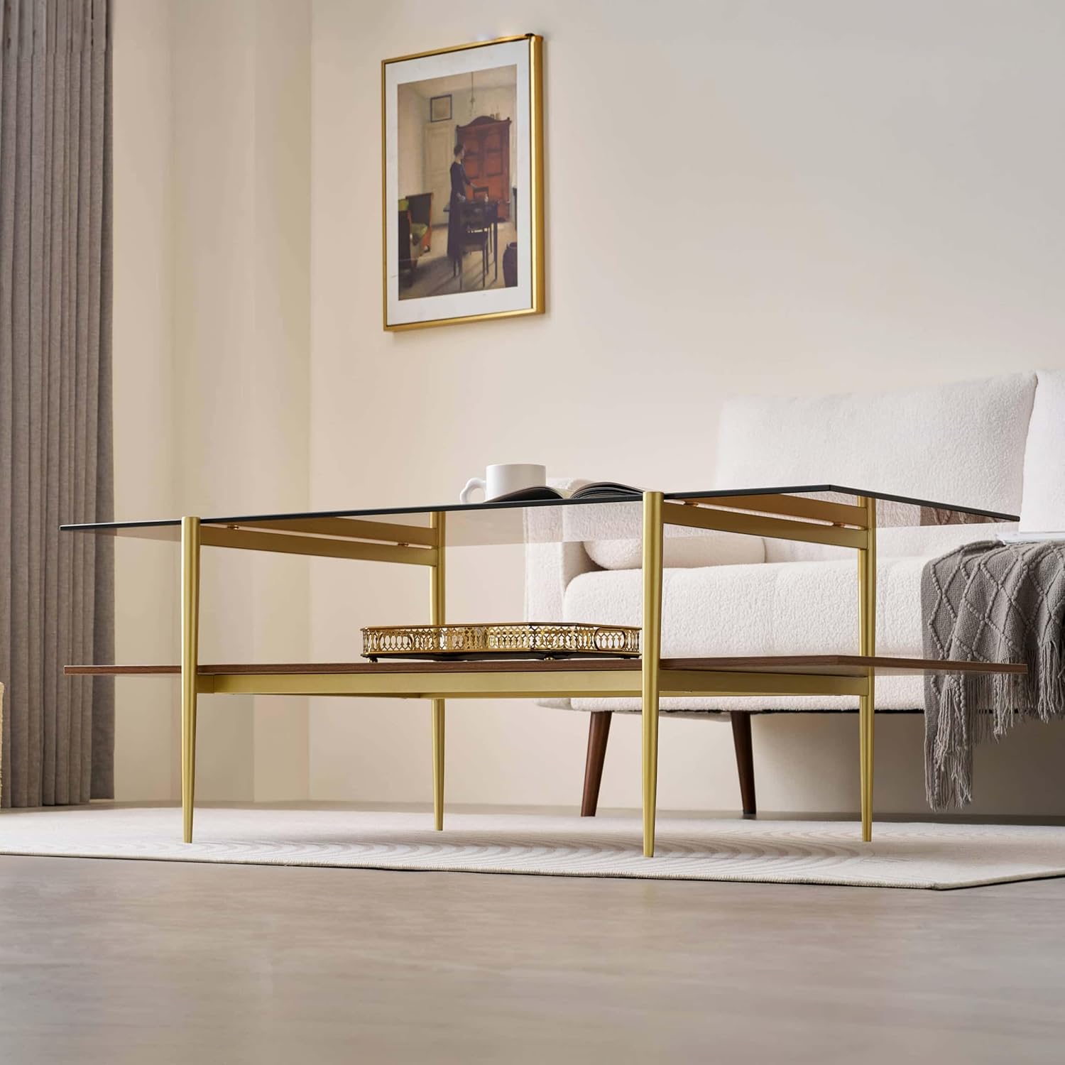 Extra Large Rectangle Glass Coffee Table, Mid-Century Modern Design for Living Room, L47 x W24 x