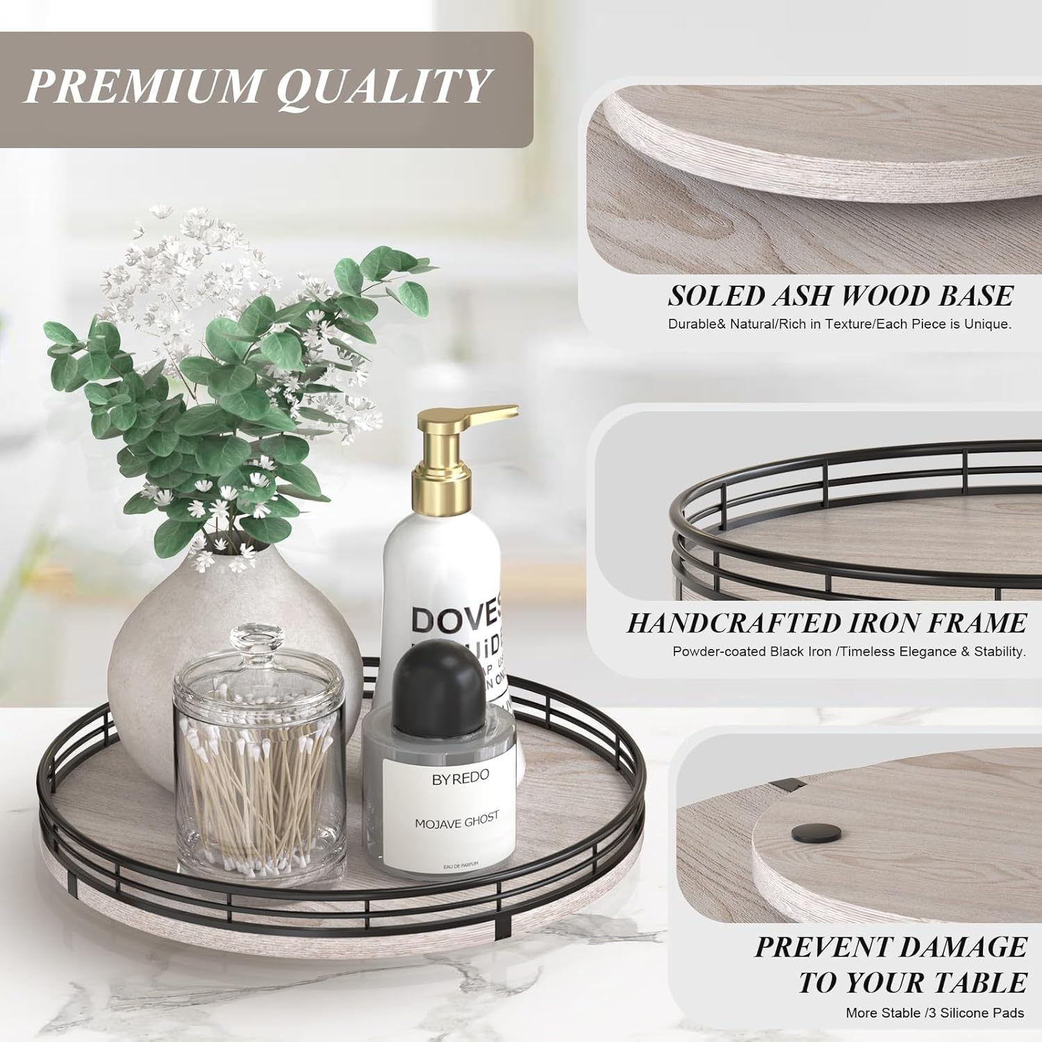 10" Oak Bathroom Vanity Tray Turntable for Perfume Candle, Round Wooden Decorative Tray for Kitchen