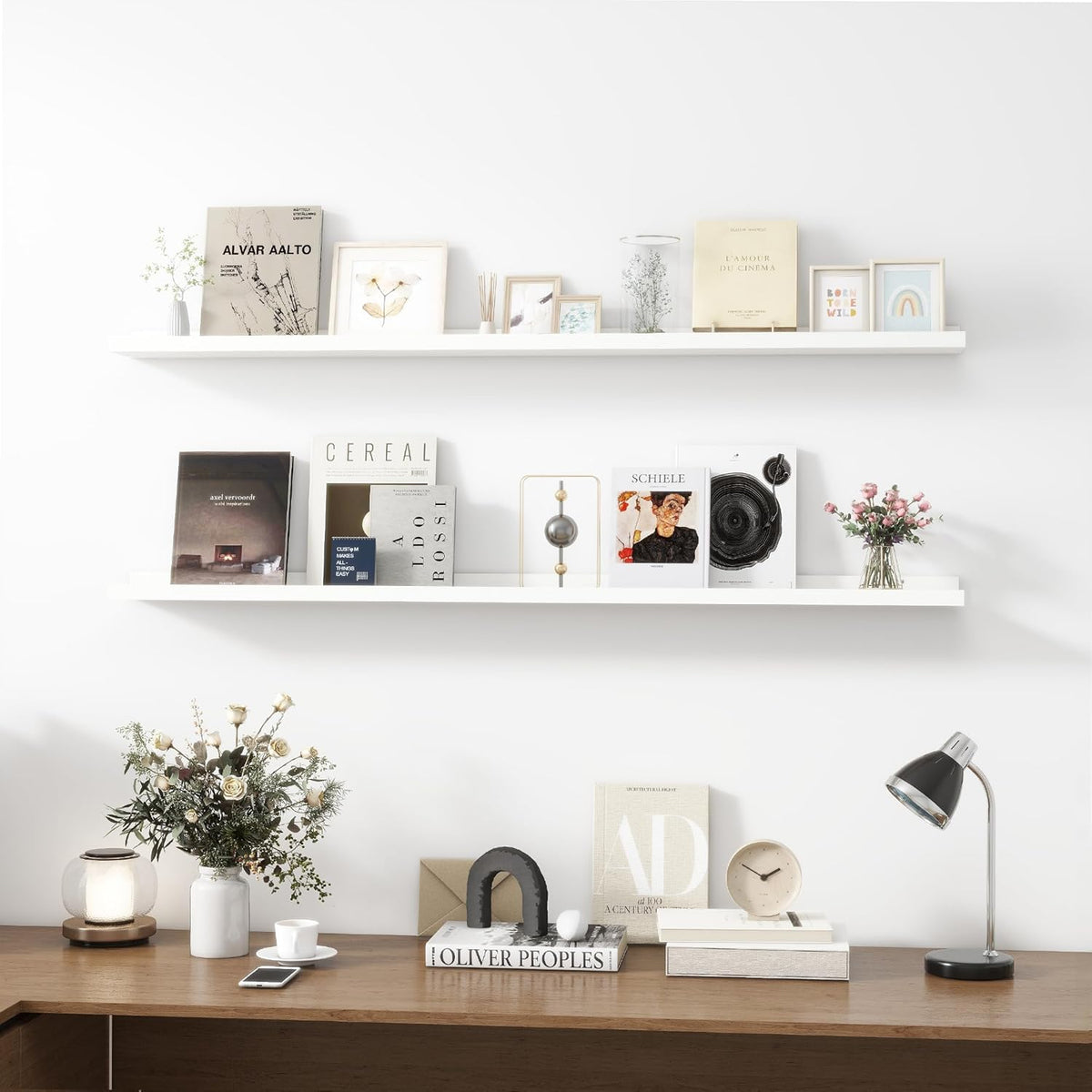 Picture Ledge Shelf, Wood Long Floating Shelves for Wall, Set of 2, 56 inch Picture Ledge Shelves