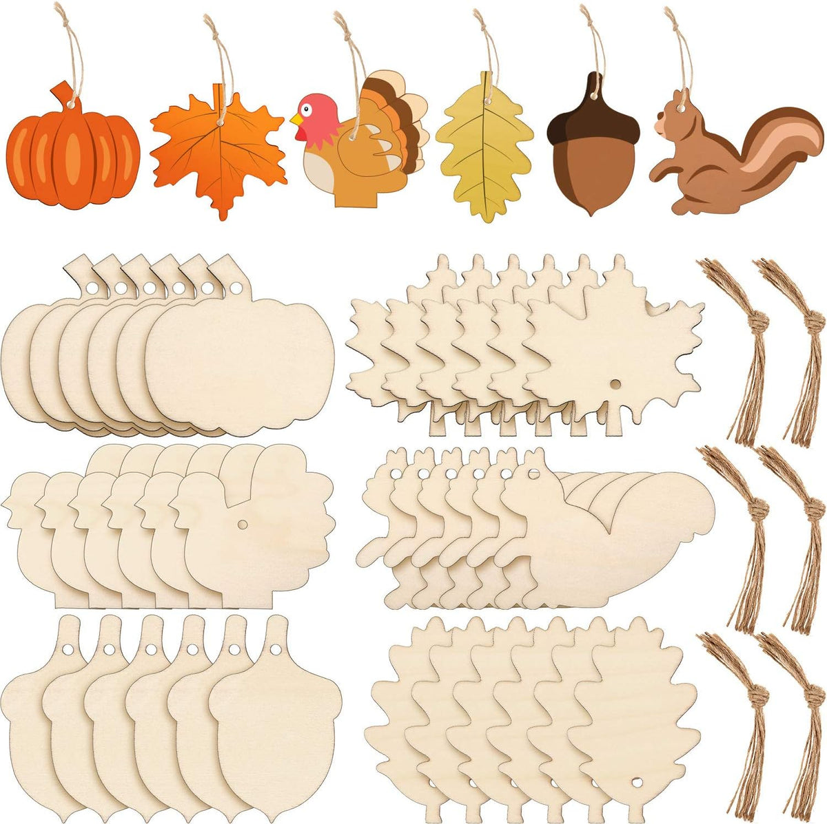 60 Pieces Fall Thanksgiving Unfinished Wooden Ornaments Maple Leaves Pumpkin Wood Cutout Squirrel