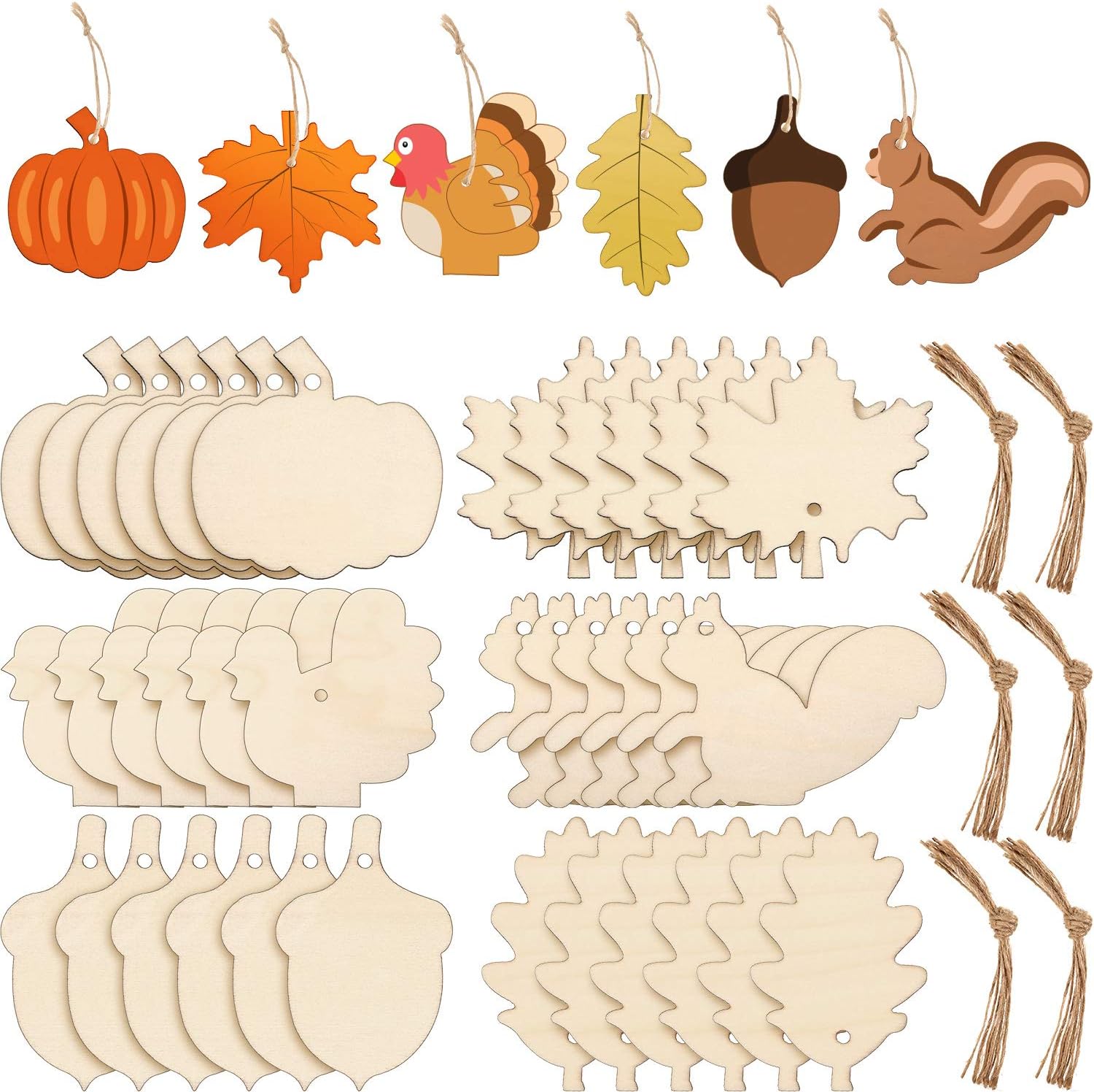 60 Pieces Fall Thanksgiving Unfinished Wooden Ornaments Maple Leaves Pumpkin Wood Cutout Squirrel