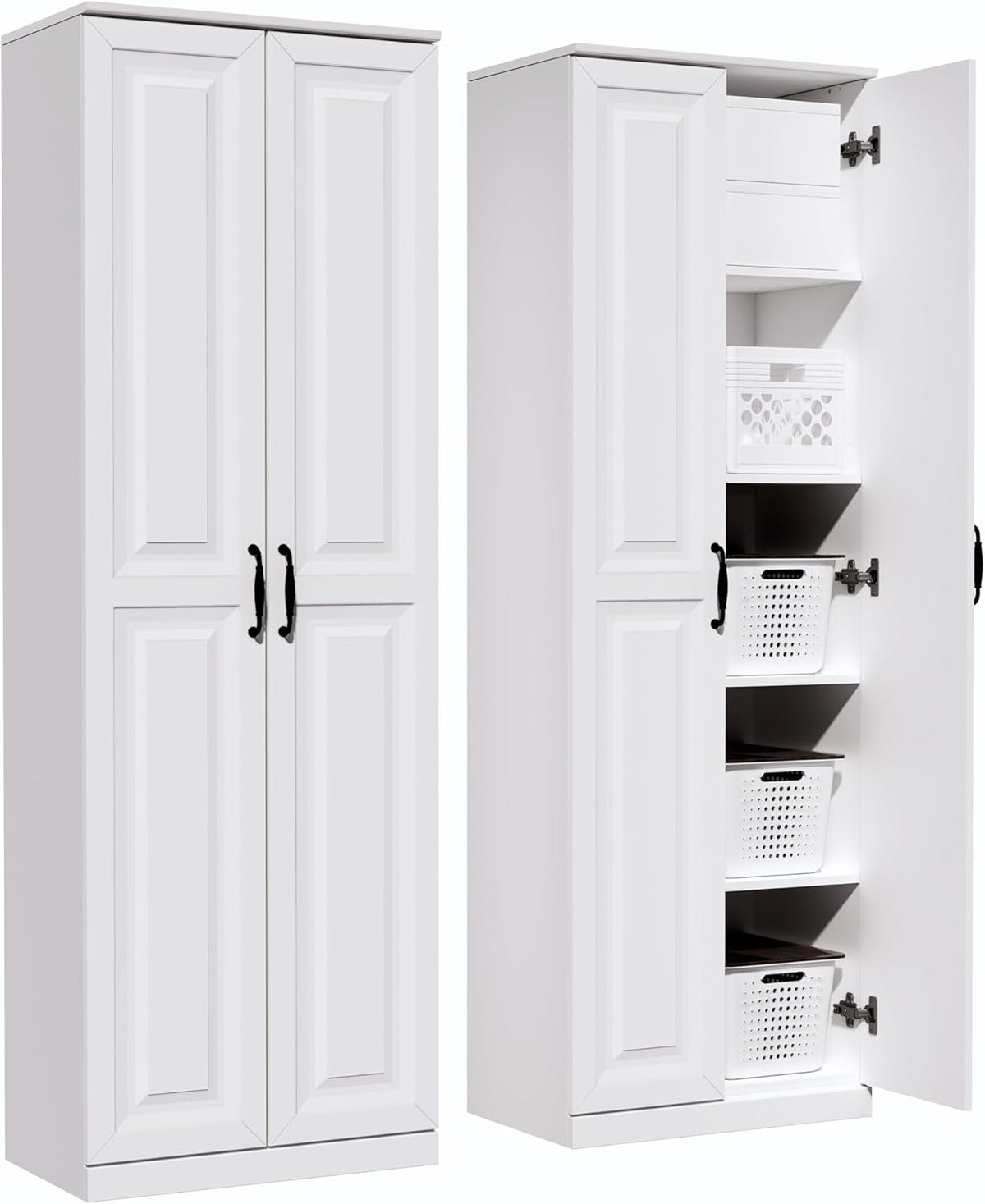 Storage Cabinet/Pantry cabinets, Soft White Finish, 71" Tall Wood Cupboard with 2 Door and 3