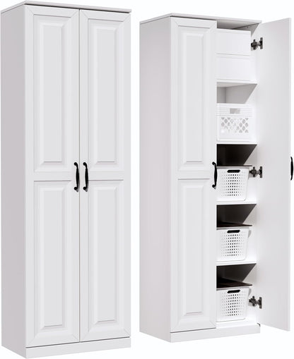 Storage Cabinet/Pantry cabinets, Soft White Finish, 71" Tall Wood Cupboard with 2 Door and 3