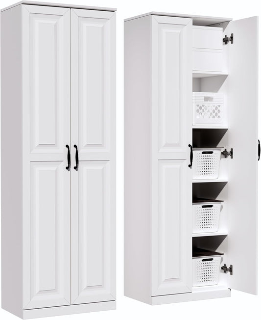 Storage Cabinet/Pantry cabinets, Soft White Finish, 71" Tall Wood Cupboard with 2 Door and 3