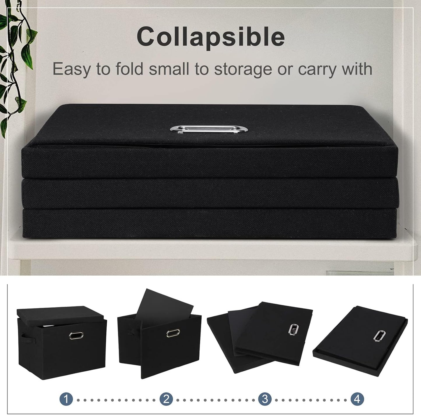 Large 17" 36 Quart Collapsible Stackable Storage Bins with Lids, 5 Packs Black Linen Fabric Closet