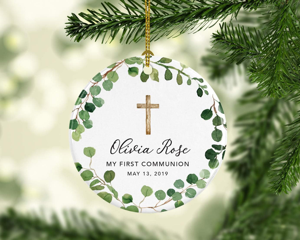Andaz Press Personalized First Communion Ornament for Girls Boys, Round Ceramic Porcelain First