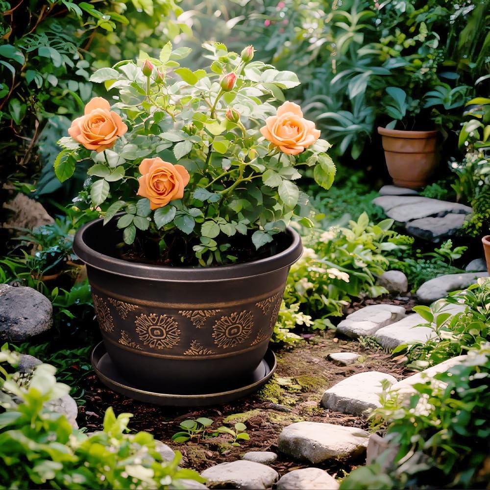 4 Pack 16 inch Plant Pots, Retro Pattern Planters with Drainage Holes and Saucer, Sturdy Plastic
