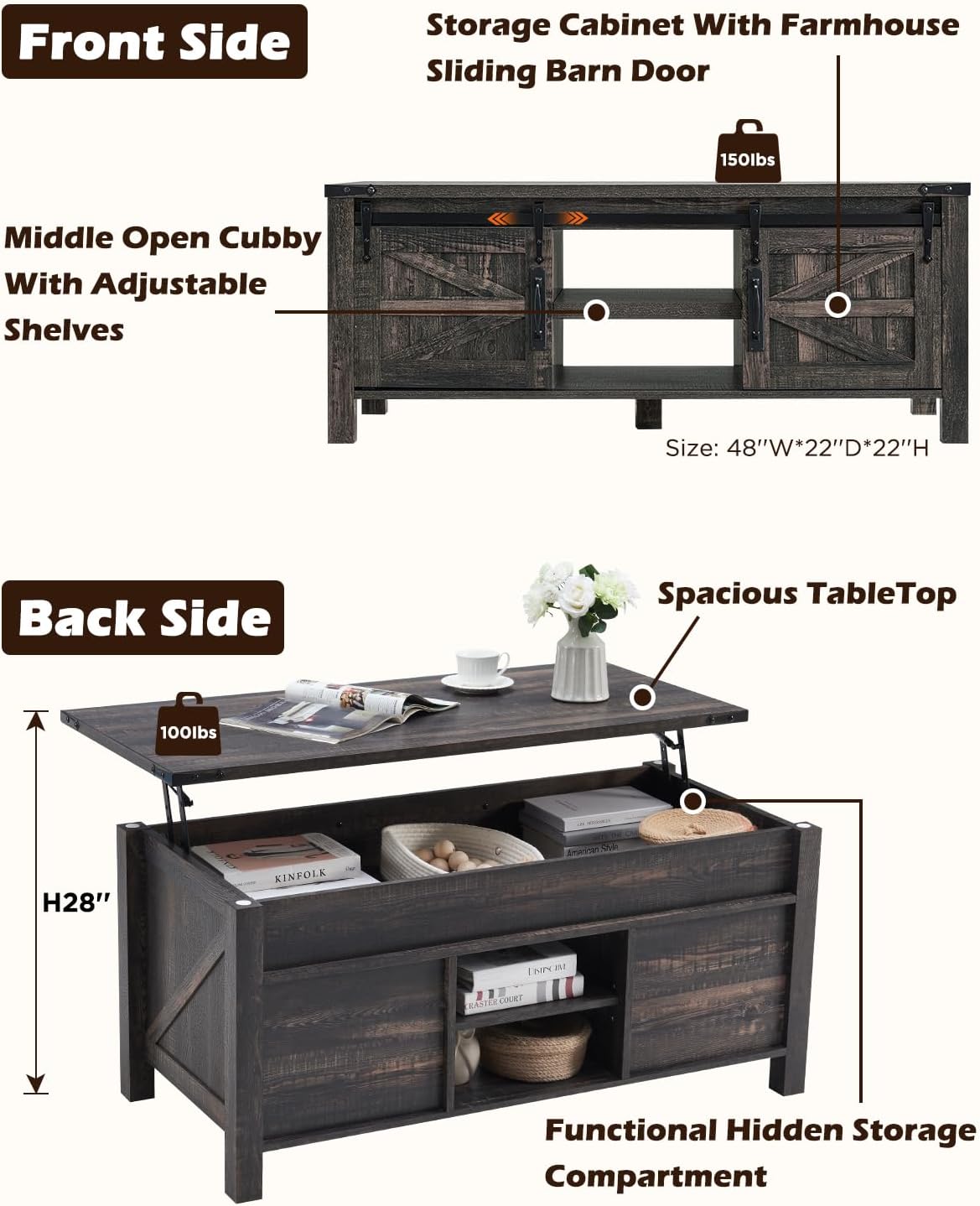 OKD 48" Farmhouse Lift Top Coffee Table with Sliding Barn Door,Rustic Center Table with Hidden