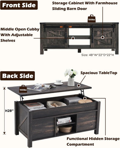 OKD 48" Farmhouse Lift Top Coffee Table with Sliding Barn Door,Rustic Center Table with Hidden