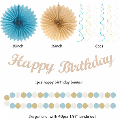 Light-Dusty Blue Beige-Champagne Women Birthday-Decorations - 21pcs Boho Neutral Happy Banner