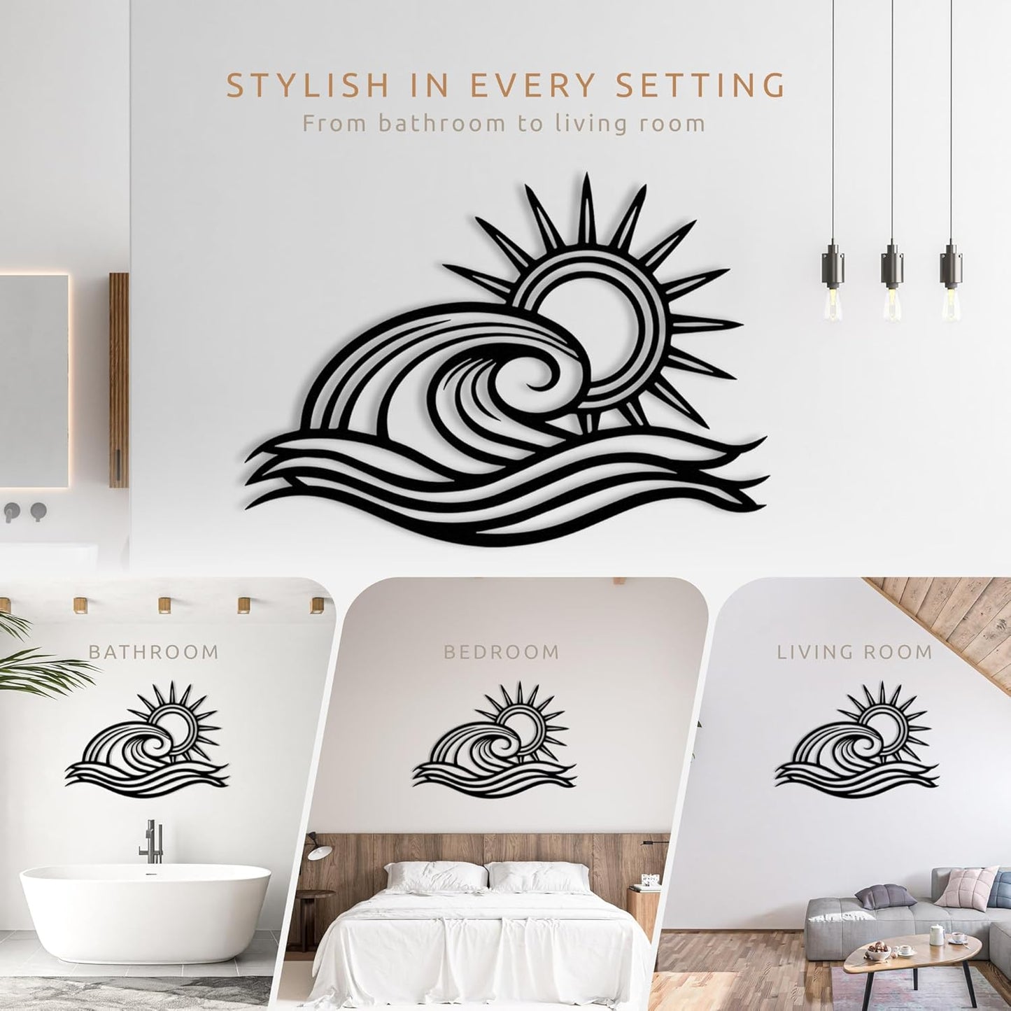 Wita Home Ocean Wave Metal Wall Art, Sun Beach Decor, Coastal Large Wall Sculpture for Home