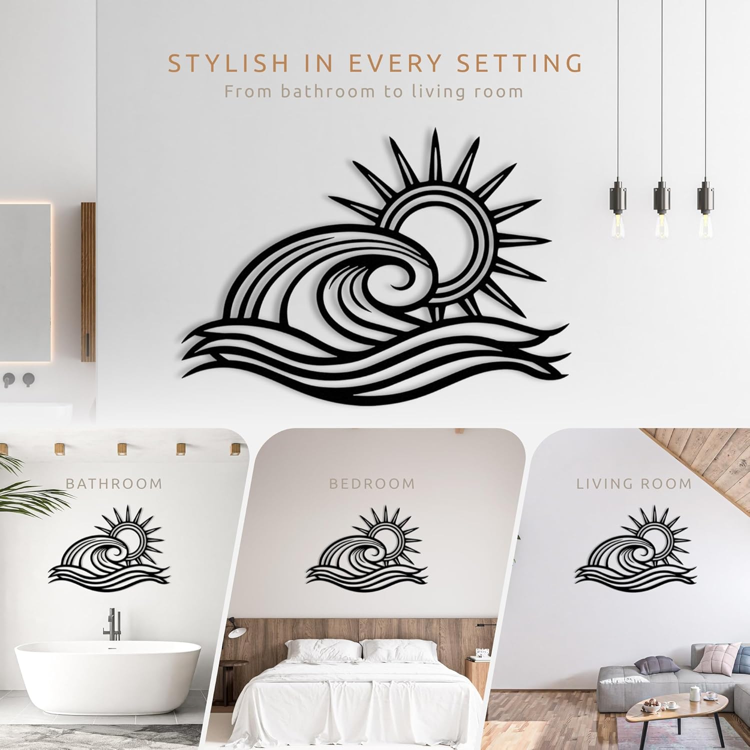 Wita Home Ocean Wave Metal Wall Art, Sun Beach Decor, Coastal Large Wall Sculpture for Home