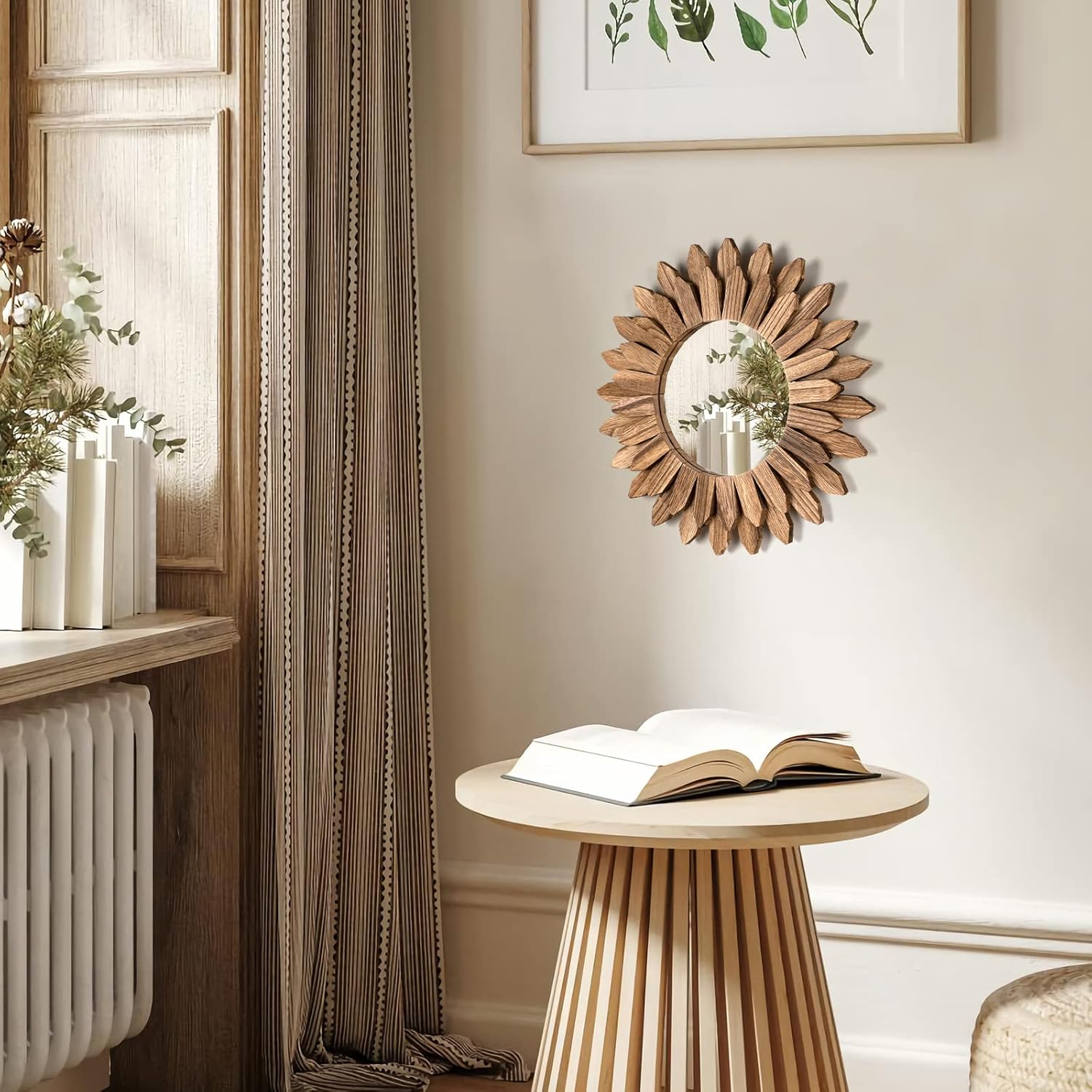 Honiway Wall Mirror Decorative 12 inch Rustic Wood Mirror Sunburst Boho Mirror for Entryway Bedroom