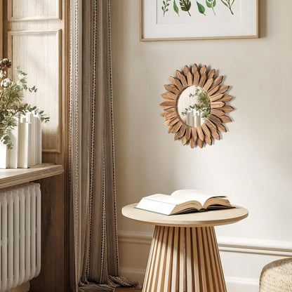 Honiway Wall Mirror Decorative 12 inch Rustic Wood Mirror Sunburst Boho Mirror for Entryway Bedroom