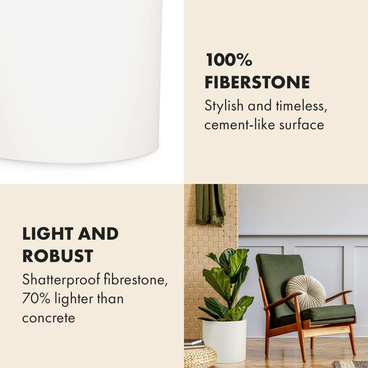 Fox & Fern 12" & 14.6" Large Planters (Set of 2) — Premium Lightweight Fiberstone Matte White Plant