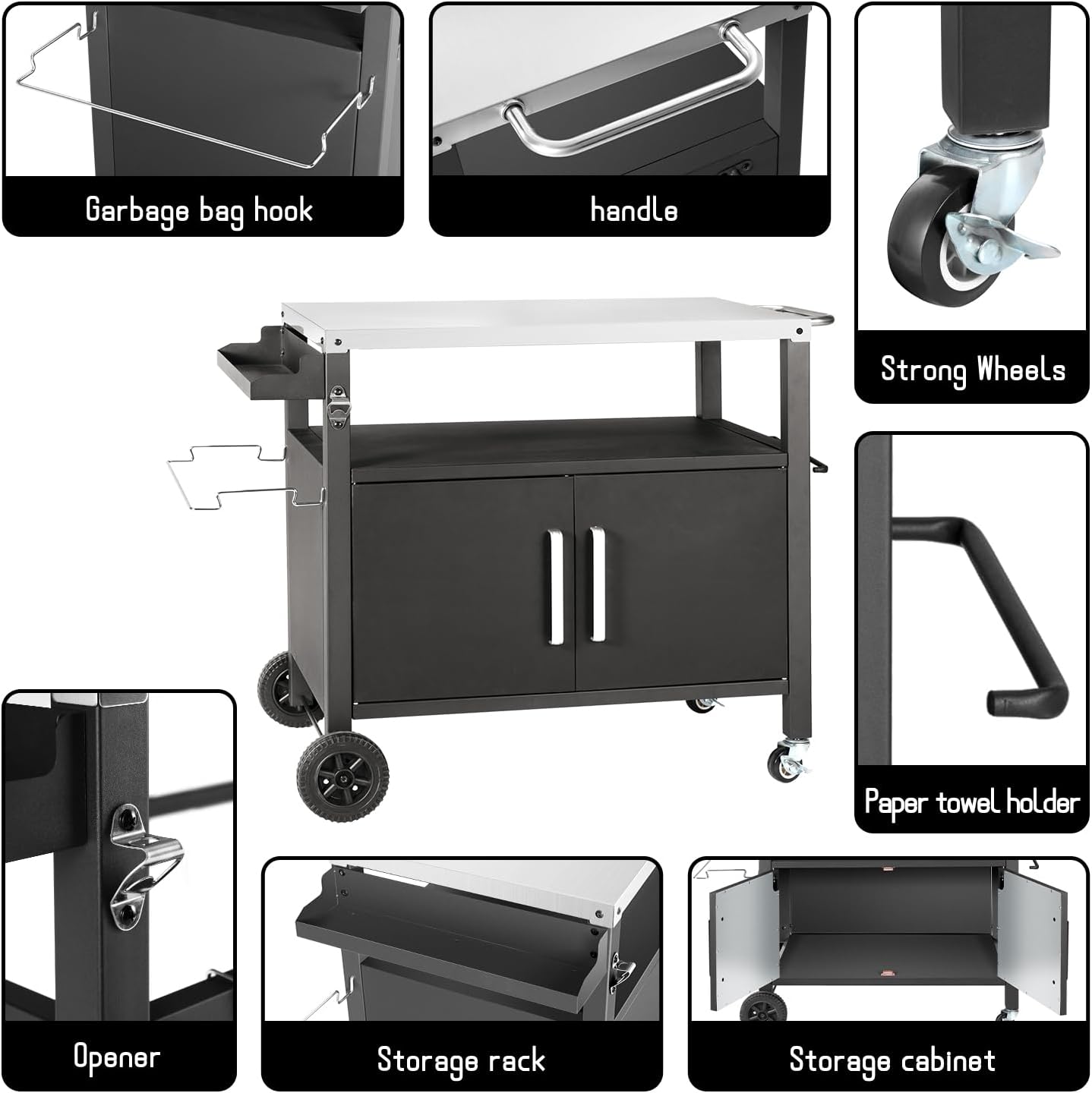 Dining Cart Table with Big Storage Cabinet, Movable Outdoor BBQ Grill Table Pizza Oven Stand