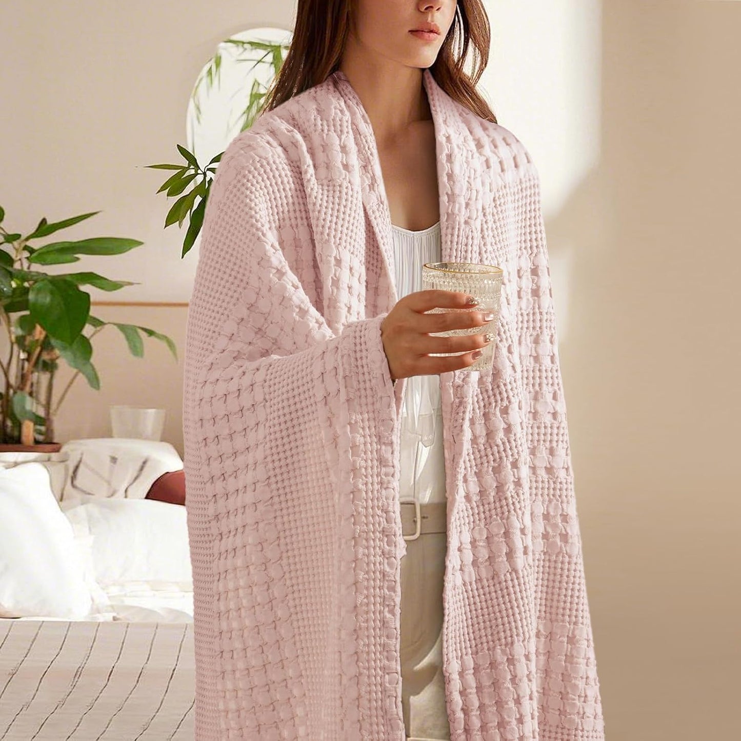 PHF 100% Cotton Waffle Weave Throw Blanket, Soft Lightweight Breathable Cozy Summer Throws for