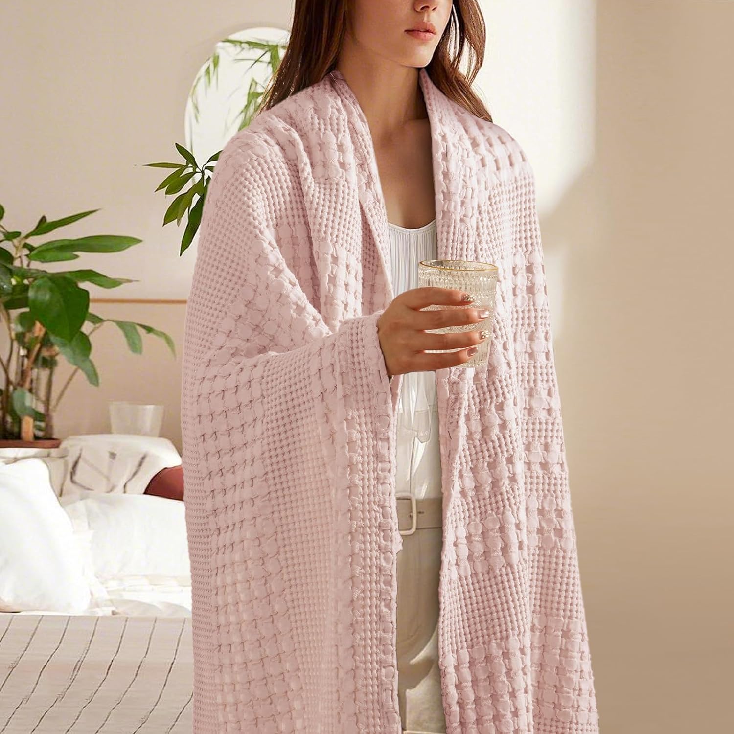 PHF 100% Cotton Waffle Weave Throw Blanket, Soft Lightweight Breathable Cozy Summer Throws for