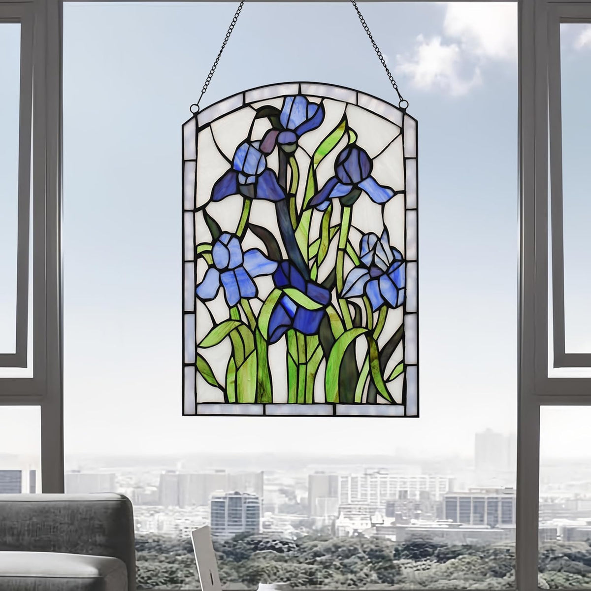 YOURANJU Iris Stained Glass Window Hanging 16" H x 11" W Tiffany Style Blue Rectangular Window
