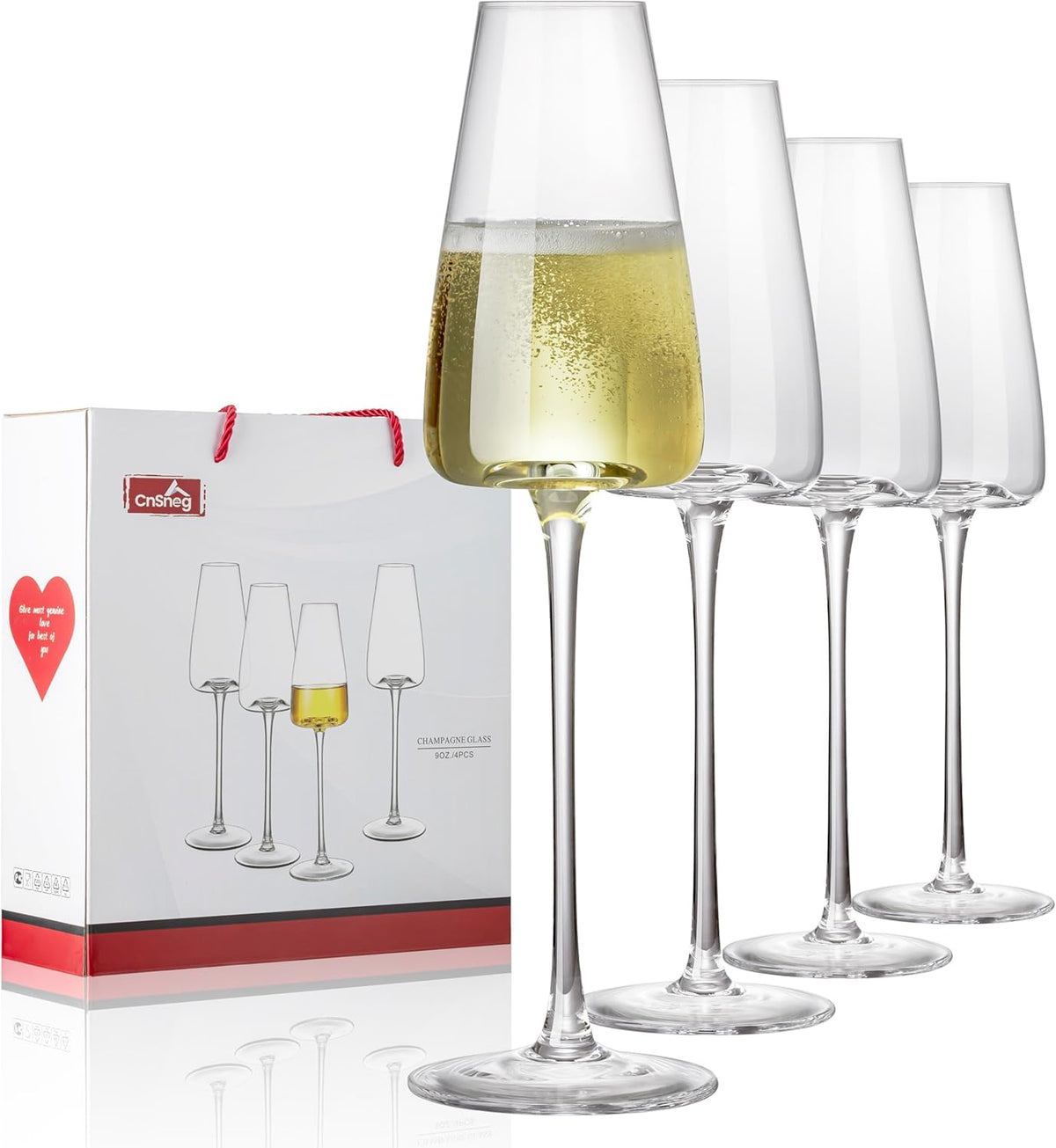 Champagne Flutes Glass Set of 4,Crystal Champagne Glasses 9OZ/ 270ML, Hand Blown Mimosa Glasses