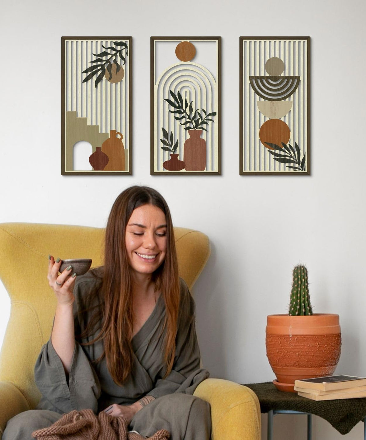 Putuo Decor Boho Wall Art Set of 3, Abstract Geometric Wooden Wall Decor, Mid-Century Modern