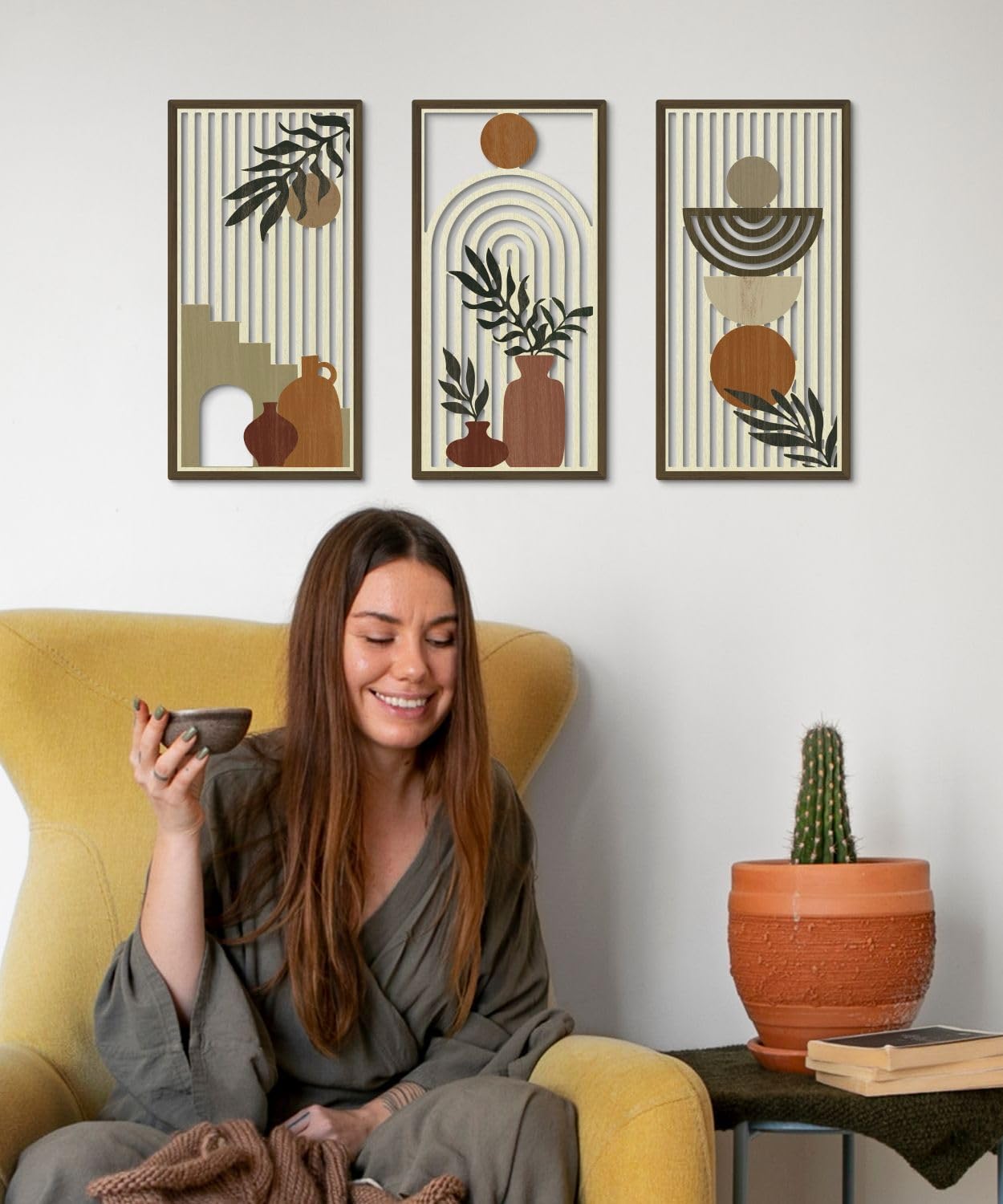 Putuo Decor Boho Wall Art Set of 3, Abstract Geometric Wooden Wall Decor, Mid-Century Modern