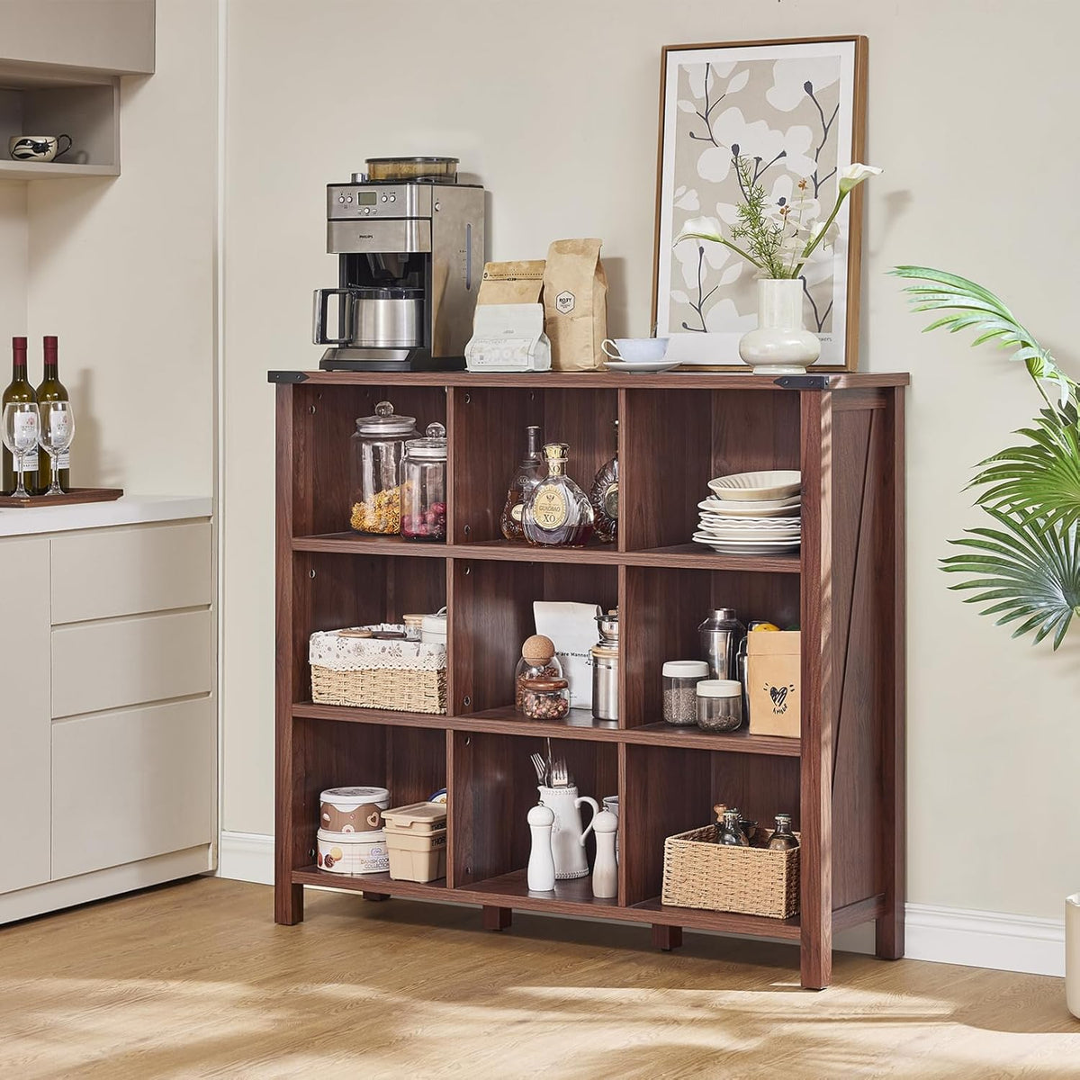 9 Cube Bookcase, Farmhouse 47 Inch Wide Brown Walnut Bookshelf, Wooden 3 Tier Display Large Open