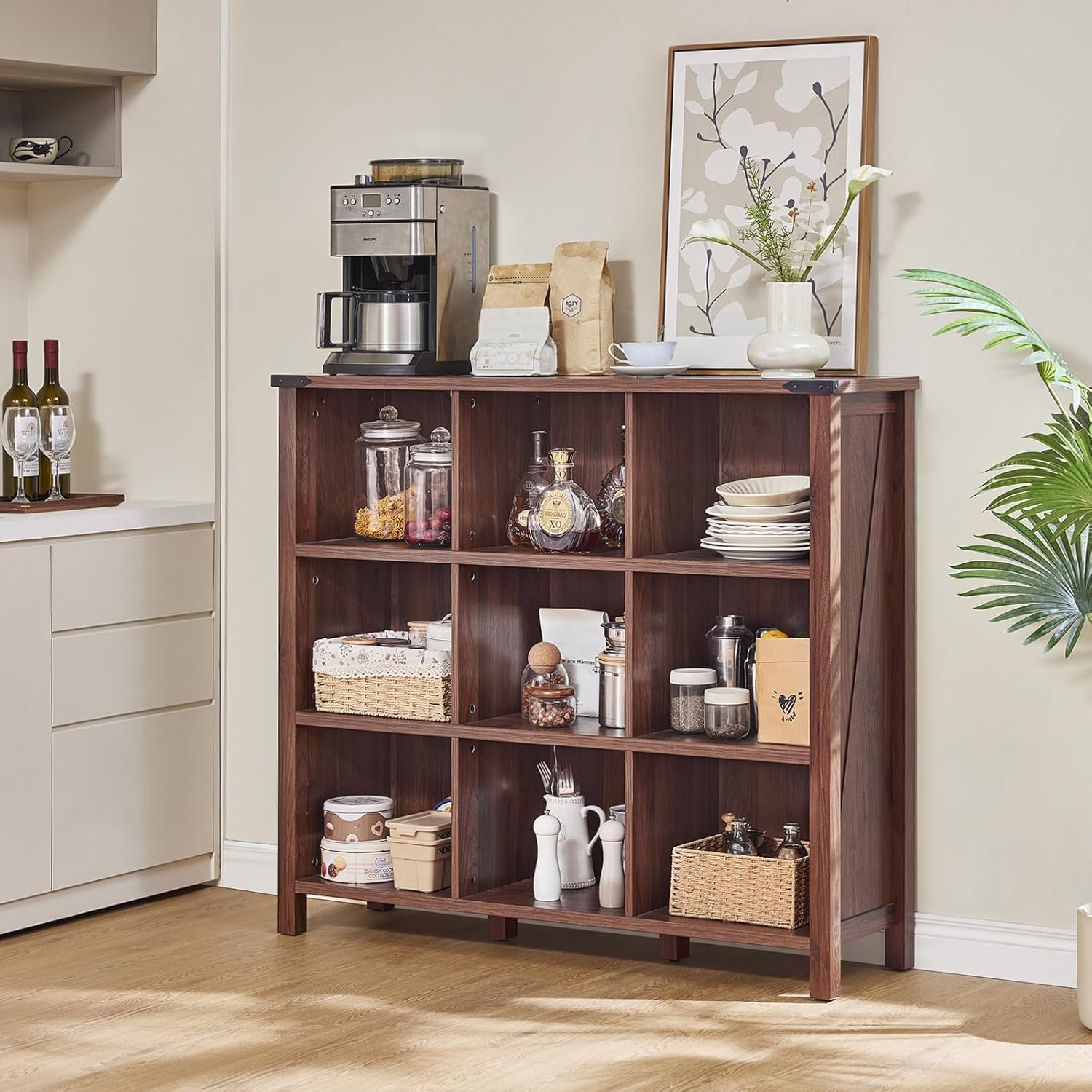 9 Cube Bookcase, Farmhouse 47 Inch Wide Brown Walnut Bookshelf, Wooden 3 Tier Display Large Open