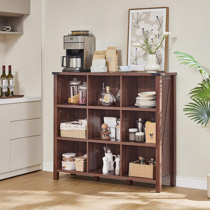 9 Cube Bookcase, Farmhouse 47 Inch Wide Brown Walnut Bookshelf, Wooden 3 Tier Display Large Open