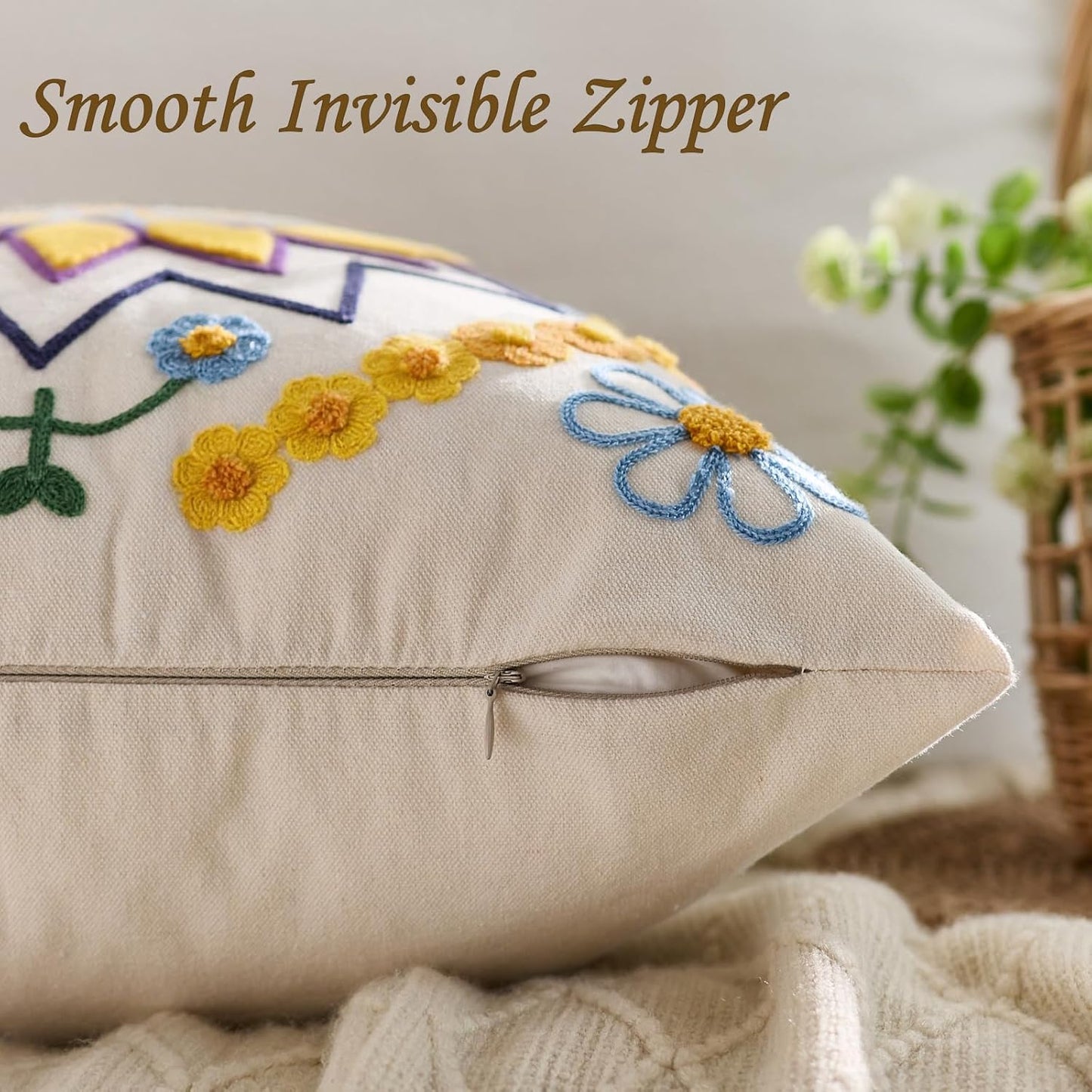 Embroidered Throw Pillow Cover 18x18 Classic Boho Floral Pattern Pillows Cover Outdoor Decorative