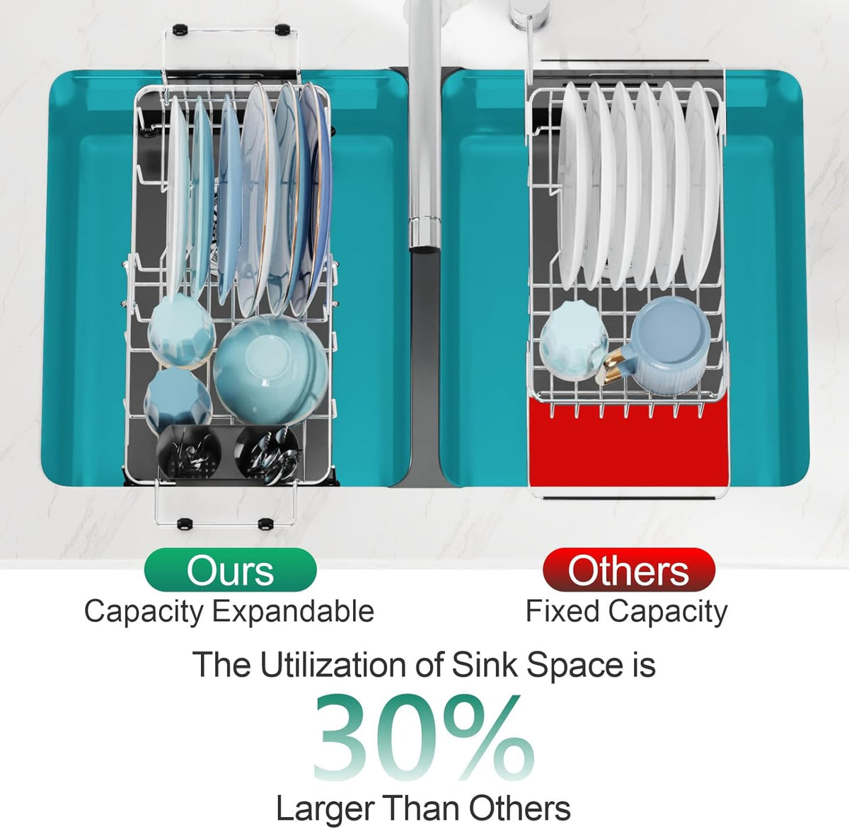 GSlife Expandable in Sink Dish Drying Rack Small with Silicone Mat - Stainless Steel Capacity