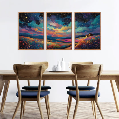 KAIRNE Framed Abstract Midnight Canvas Wall Art,Starry Night Prints Set of 3(16”X24”),Colorful