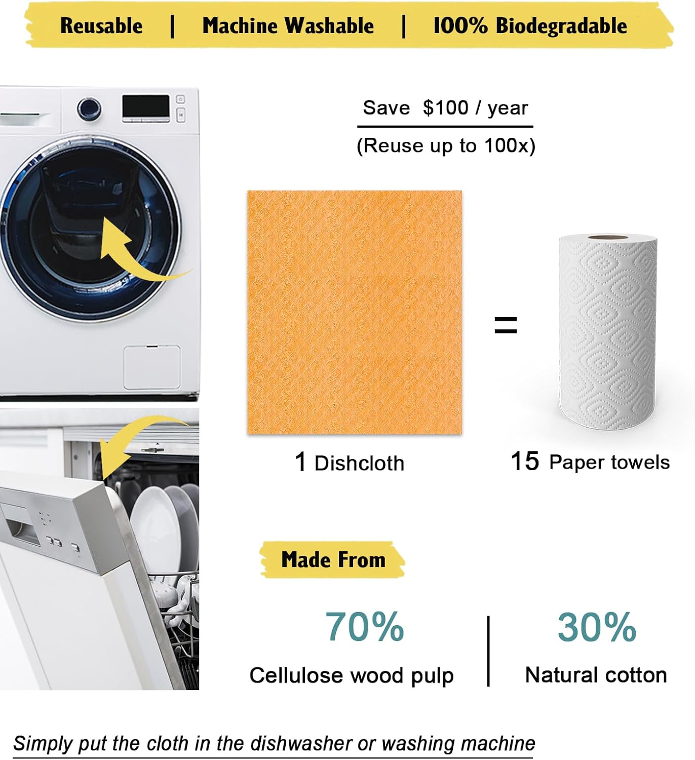 Swedish Dishcloths for Kitchen | 6 Pack Absorbent Cellulose Sponge Cloths Washable | Non-Scratch