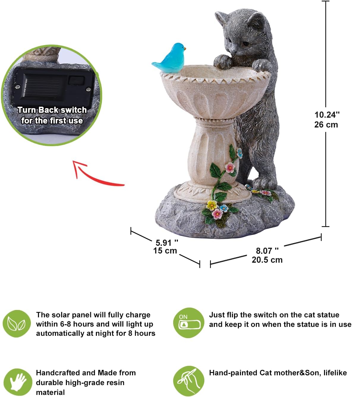 Nacome Solar Cat Birdbath Garden Decor: Outdoor Statues Ornaments for Outside Decorations Yard Art