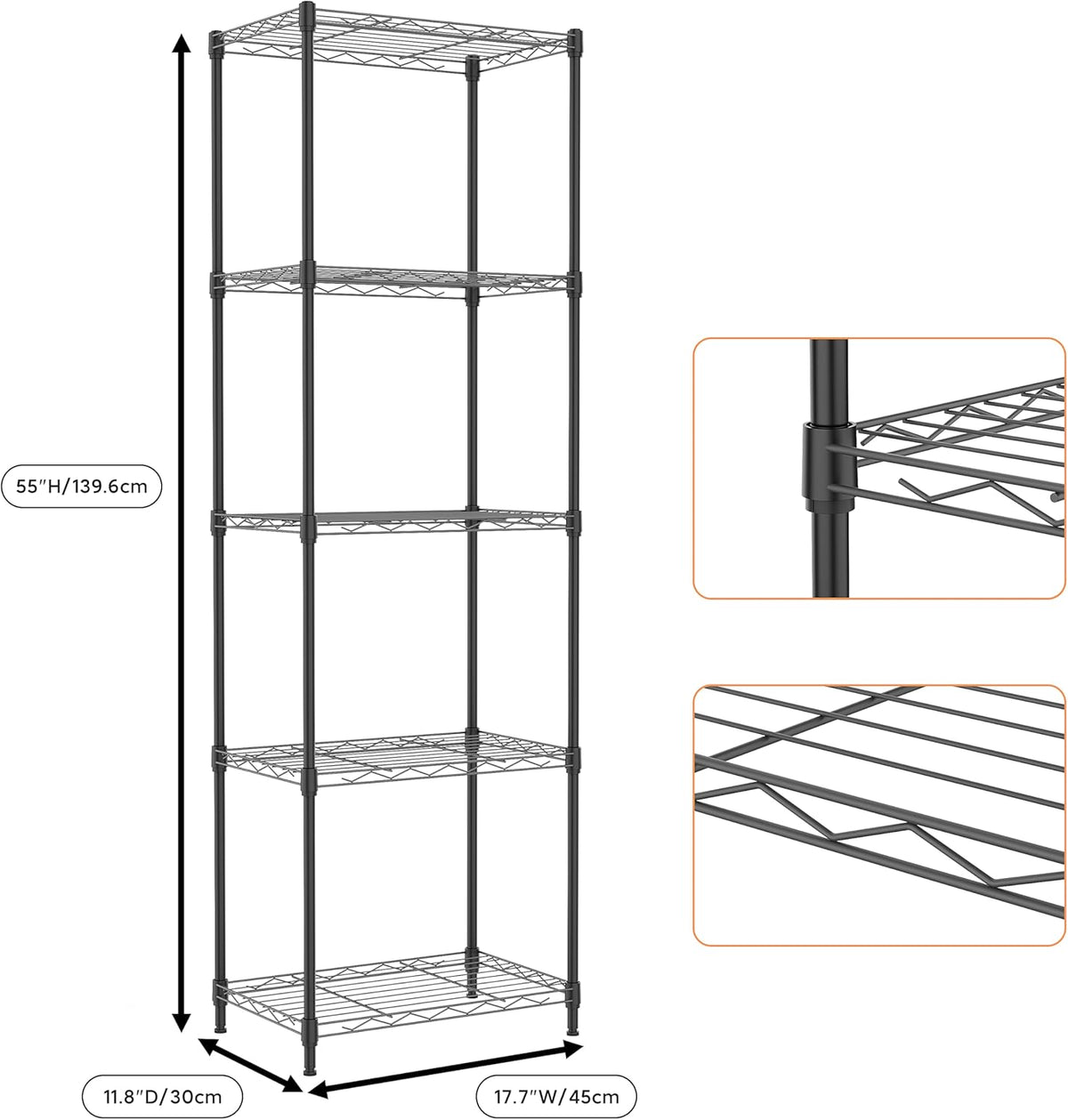 5 Tiers Shelf Metal Storage Shelves Wire Rack Closet Organizers with Wheel for Garage Kitchen