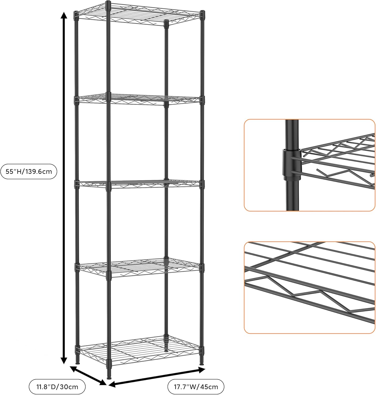 5 Tiers Shelf Metal Storage Shelves Wire Rack Closet Organizers with Wheel for Garage Kitchen