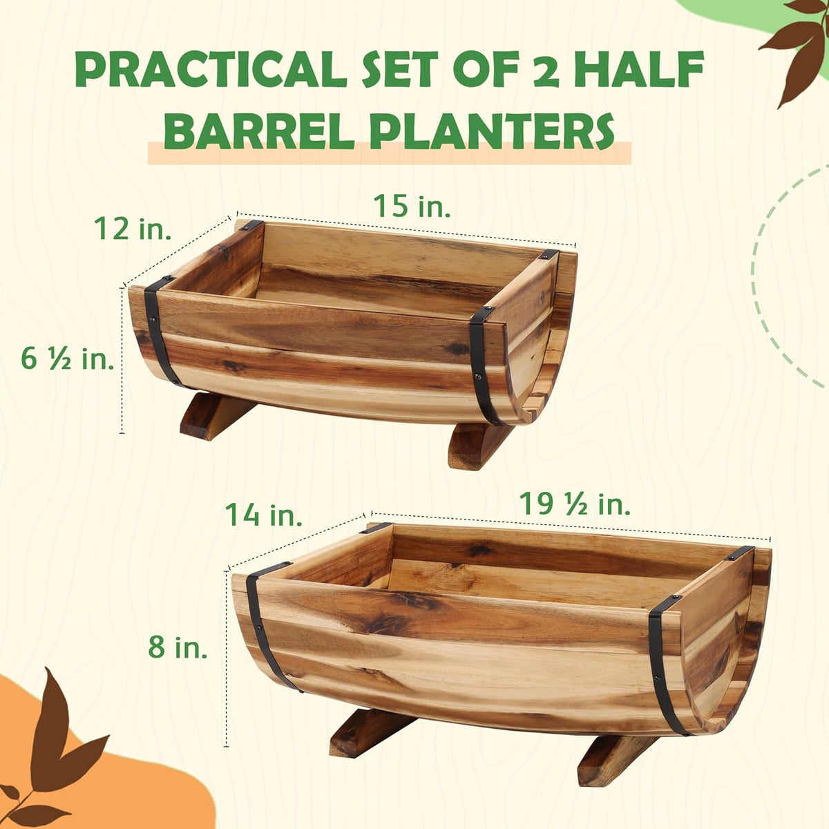 IDZO Solid Acacia Wood Half Barrel Planters Outdoor Set of 2 Different Sizes, Wooden Planters for