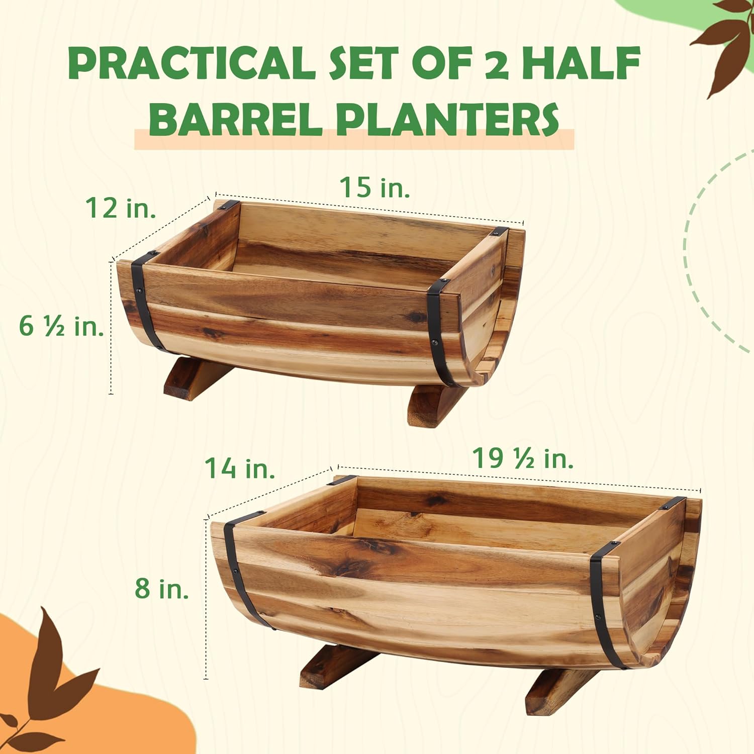 IDZO Solid Acacia Wood Half Barrel Planters Outdoor Set of 2 Different Sizes, Wooden Planters for