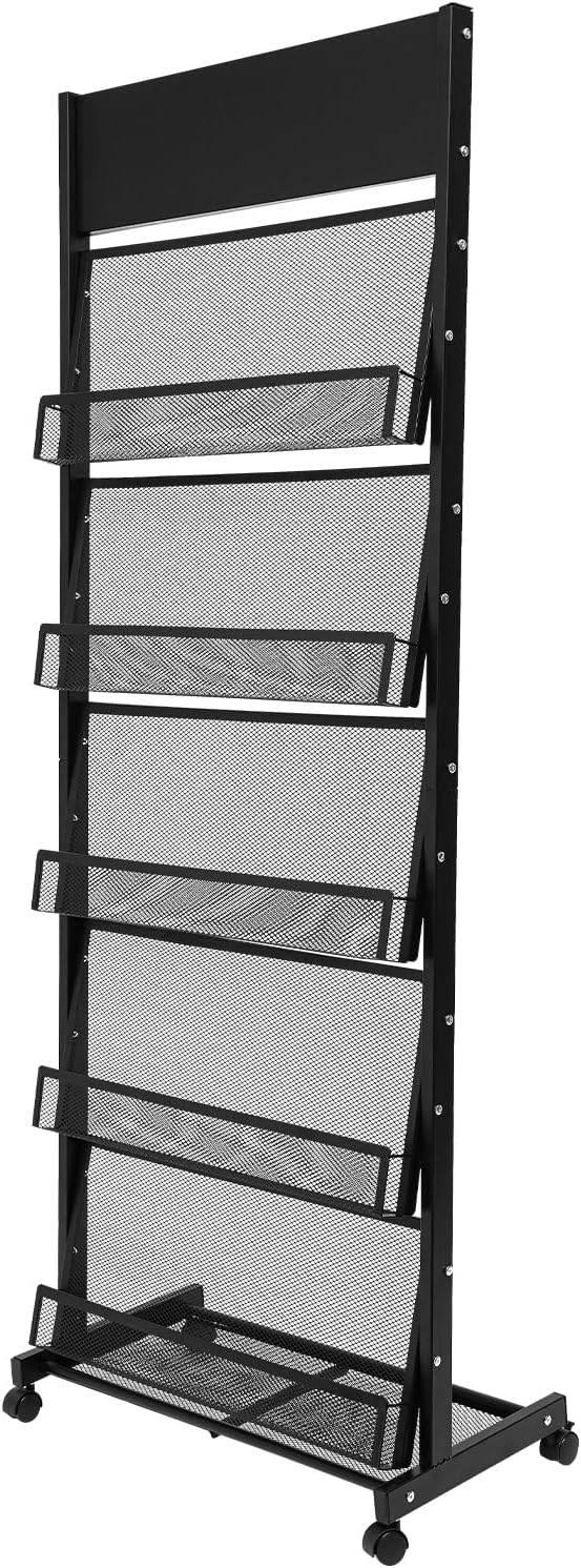 5-Tier Magazine Rack Floor Standing Brochure Display Stand with Universal Wheels & Brakes Metal